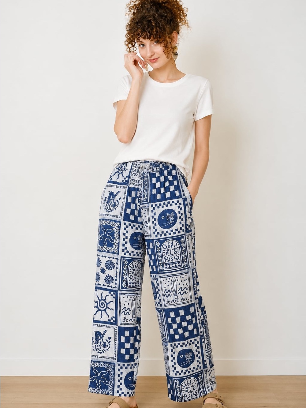 Cali1850 Blue & White Coastal Patterned Wide-Leg Pants